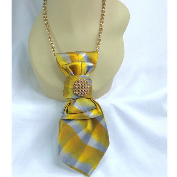Vintage Silk Tie Necklace Artisan Italy Gold Silver Hue Upcycled Amber Jewel NEW - Picture 1 of 13